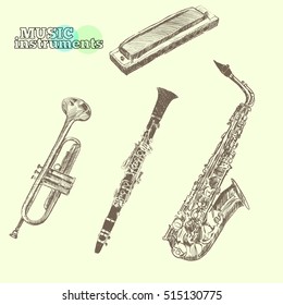 Musical instruments. Sketch hand drawn vector illustration. Engraving retro vintage style.