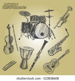Musical instruments. Sketch hand drawn vector illustration. Engraving retro vintage style.