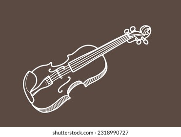 musical instruments of sketch. Vector graphic arts sketch of drawing violin (black pen). Vector hand drawn illustration of classical acoustic violin with bow in vintage engraved style.