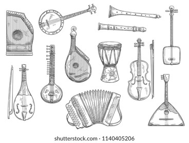 Musical instruments sketches set. Vector button accordion, reed pipe or folk bandura and African jembe drum, Japanese shamisen and banjo guitar or zither for live music or concert performance