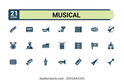 Instrumentos musicales colecciones de iconos sólidos. Relacionado con fagot, lira, auriculares, auriculares, música, multimedia, escuchar, djembe. Ilustración vectorial.