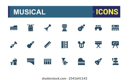 Instrumentos musicales colecciones de iconos sólidos. Relacionado con fagot, lira, auriculares, auriculares, música, multimedia, escuchar, djembe. Ilustración vectorial.