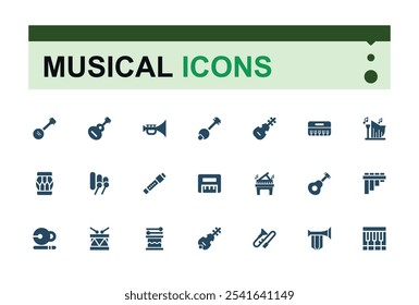 Instrumentos musicales colecciones de iconos sólidos. Relacionado con fagot, lira, auriculares, auriculares, música, multimedia, escuchar. Ilustración vectorial.