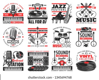 Musical instruments, sound recording studio icons. Vector microphone and synthesizer, DJ panel and headphones, piano and saxophone, guitar and violin, trumpet and drums, banjo and vinyl disk