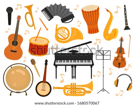 Musical instruments. Sound toys, music instrument for rhythm study. Flat isolated drum and flute, acoustic guitar and accordion vector set