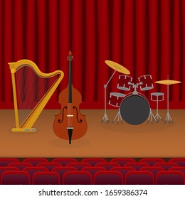 Musical Instruments Stand On Stage For Musical Concert, Ensemble Performances With Live Sound Vector Illustration. Harp, Double Bass, Drum Kit. Empty Auditorium, Curtain Open.