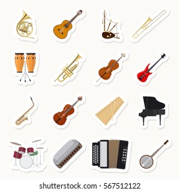 Musical instruments stickers set. Orchestra music band vector illustration.