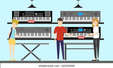 Musical instruments store interior. Keyboards and salesperson.