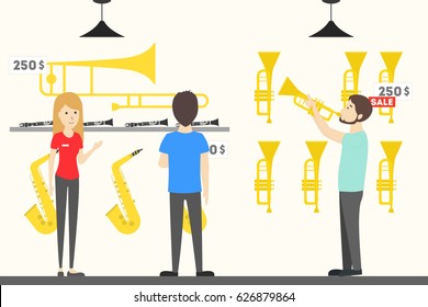 Musical instruments store interior. Tubes and salesperson.