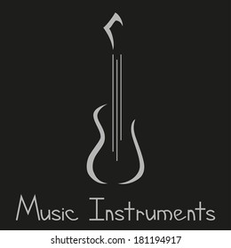 Musical instruments store logo with guitar. Vector illustration, hand-drawing text