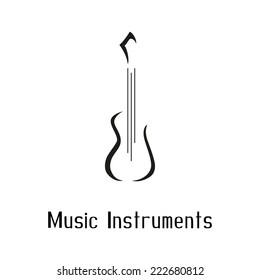Musical instruments store logo with guitar. Vector illustration, hand-drawing text. Guitar shop logo design template