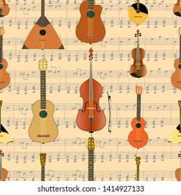 Musical instruments. String and stringed musical instruments. Art and music are eternal. Seamless Vector illustration.