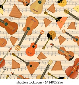 Musical instruments. String and stringed musical instruments. Art and music are eternal. Seamless Vector illustration.