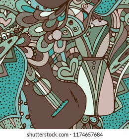 Musical instruments, symbols and objects in cartoon style. Seamless pattern, bright, painted