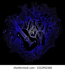 Musical instruments, symbols and objects in cartoon style