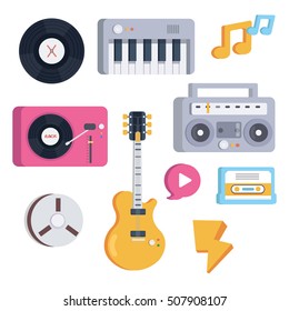 Musical instruments, symbols and objects in flat style.