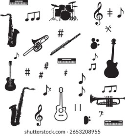 Musical Instruments and Symbols Silhouette Icon Set - Vector Collection