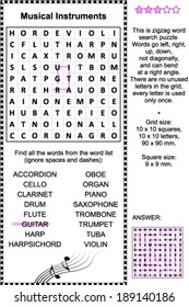 Musical instruments themed zigzag word search puzzle (suitable both for kids and adults). Answer included. For high res JPEG or TIFF see image 189140183
