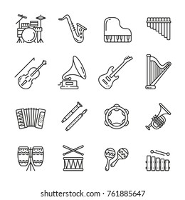 Instrumentos musicales: juego de iconos finos monocromo, kit blanco y negro