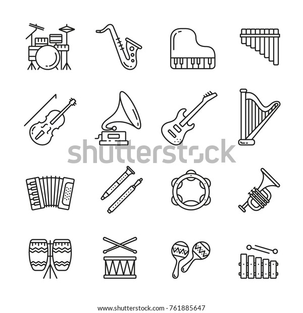 Musical instruments: thin monochrome icon set, black\
and white kit