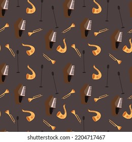 Musical instruments: trumpet, saxophone, piano, microphone. Vector illustration, seamless pattern
