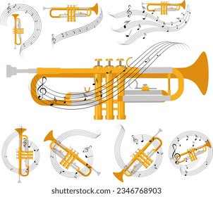 Musical instruments. Musical trumpet  set with notes. Vector illustration