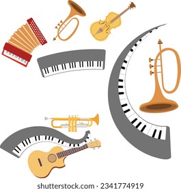Musical instruments. Trumpet, violin, accordion, guitar, piano. Can be used for t-shirt, emblem,  concert, music, school