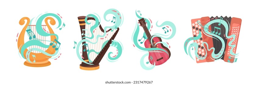 Musical Instruments Twisted with Decorative Swirling Line and Note Vector Set