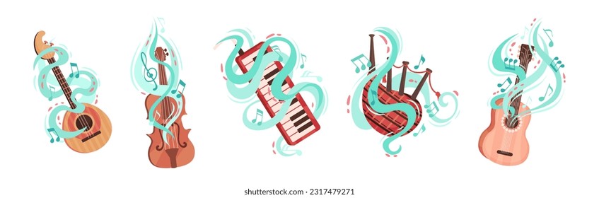 Musical Instruments Twisted with Decorative Swirling Line and Note Vector Set