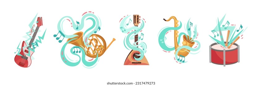 Musical Instruments Twisted with Decorative Swirling Line and Note Vector Set