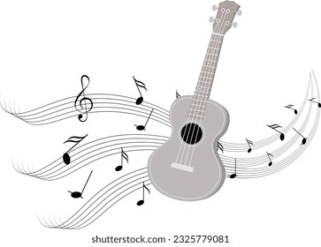 Musical instruments. Ukulele guitar on background with music waves. Vector illustration