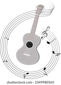 Musical instruments. Ukulele guitar in musical wave. Vector illustration