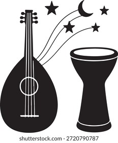 Instrumentos musicales bajo el cielo nocturno estrellado aislado en el fondo blanco, Vector, ilustración