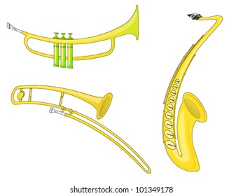 Musical Instruments (Vector). 3 musical instruments - Saxophone, Trombone and Trumpet.
