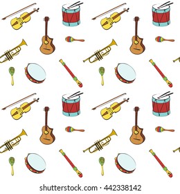 Musical Instruments vector background. Flat vector seamless pattern. Sketch, doodle style. Guitar and violin, tambourine or drum and trumpet.