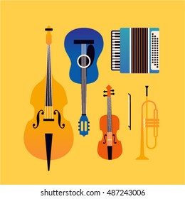 Musical instruments, vector flat illustration, icon set, yellow background: contrabass, guitar, violin, accordion, trumpet