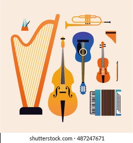 Musical instruments, vector flat illustration, icon set: harp, bass, classic guitar, violin, accordion, flute, trumpet, metronome