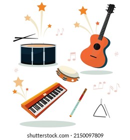 Musical instruments vector graphics. Guitar, keyboards, drum, flute, tambourine, triangle. Stars, notes. On a white background