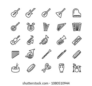 Musical instruments vector icon set in outline style