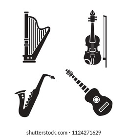 Musical instruments vector icon set, harp, violin, guitar and saxophone