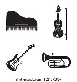 Musical instruments vector icon set, piano, violin, electric guitar and trumpet