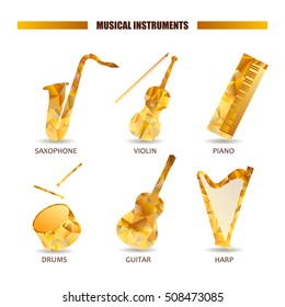 Musical instruments vector icon set. Saxophone violin guitar drum piano harp. Triangular objects collection isolated. Melody polygonal illustration. Volume pictogram