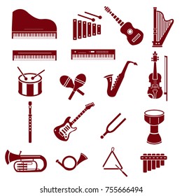 Musical instruments vector icon set, icons such as piano, guitar, trumpet and others in red