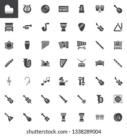 Musical instruments vector icons set, modern solid symbol collection, filled style pictogram pack. Signs, logo illustration. Set includes icons as music note, electric guitar, grand piano, saxophone