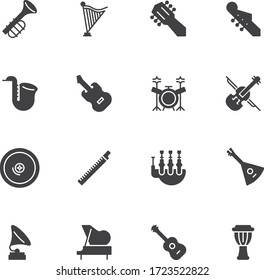 Musical instruments vector icons set, modern solid symbol collection, filled style pictogram pack. Signs, logo illustration. Set includes icons as guitar, saxophone, djembe, drum set, piano, violin