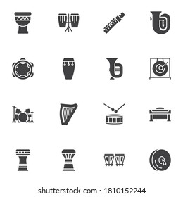 Instrumentos musicales conjunto de iconos vectoriales, colección moderna de símbolos sólidos, paquete de pictogramas estilo relleno. Señales, ilustración del logotipo. El juego incluye iconos como piano, tambor djembe, arpa, tamborilla de percusión