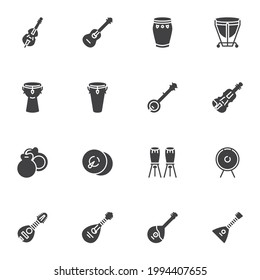 Musical instruments vector icons set, modern solid symbol collection, filled style pictogram pack. Signs, logo illustration. Set includes icons as djembe drum, stringed acoustic guitar, violin, banjo