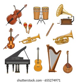 Iconos vectoriales de instrumentos musicales. Pieles de violín o contrabando y tambores de percusión o cimbales, maracas, arpa y trompeta o saxofón. Símbolos aislados del piano y la guitarra banjo o la flauta