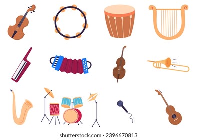 Musical instruments vector illustration. Classical melodies resonate as instruments play in perfect harmony Instrumental leisure becomes journey into world rhythmic enchantment