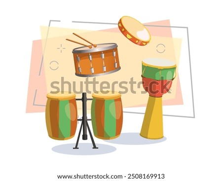Musical instruments vector illustration collection. Congo drums, drum with sticks, djembe and tambourine. Music and concert concept